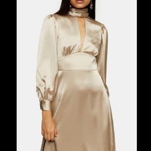 Topshop long sleeve turtleneck gold satin midi dress
